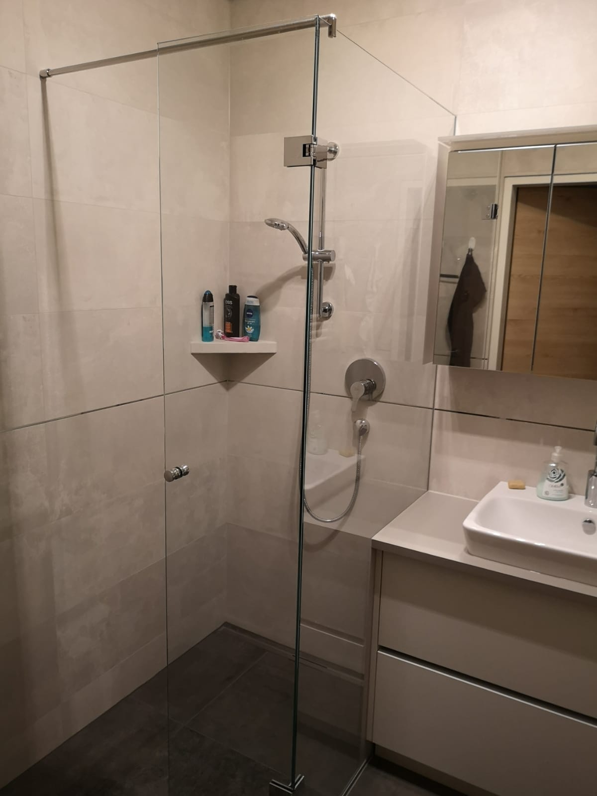 Duschanlage mit Einscheibensicherheitsglas mit Teilemaillierung und Duschtürbeschläge